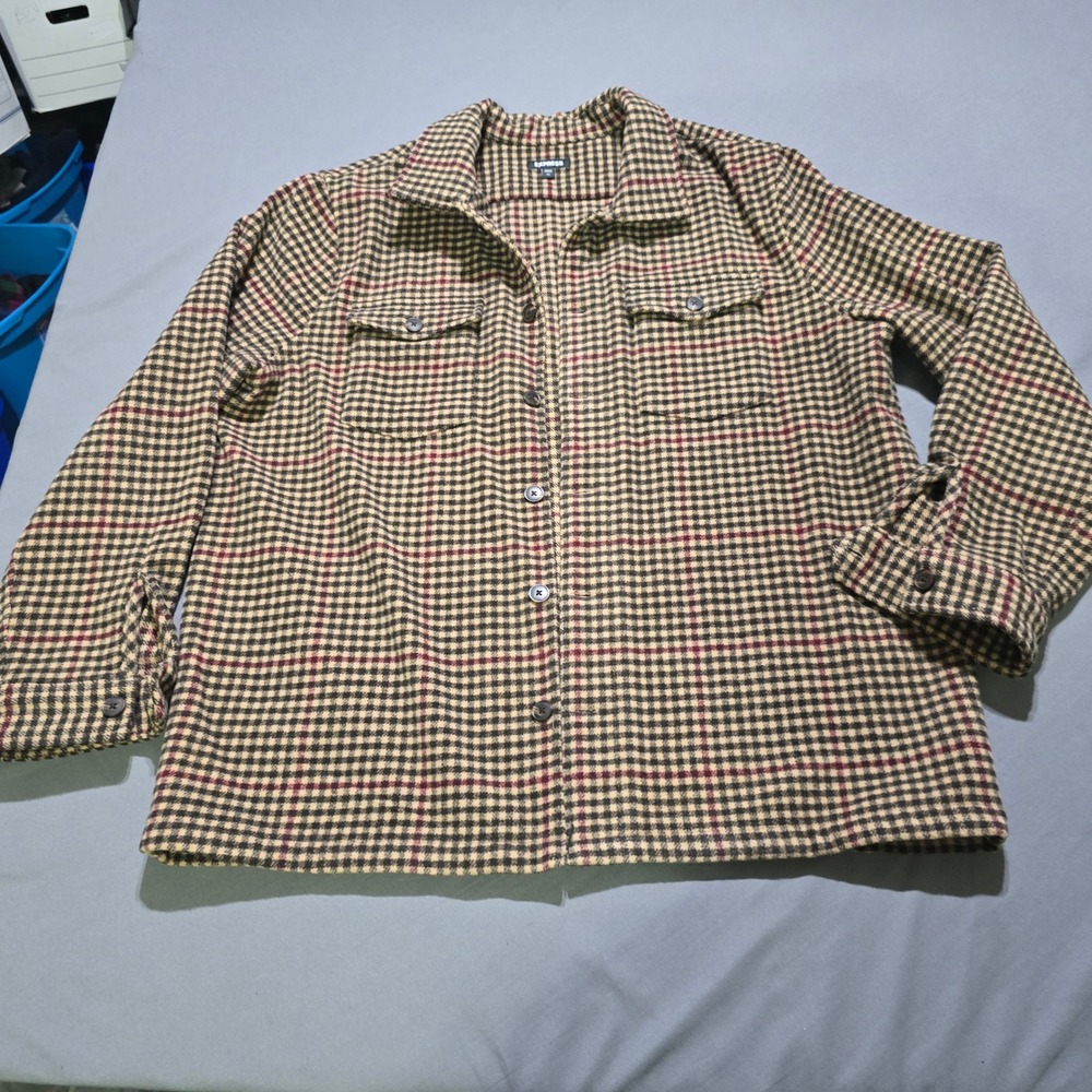 Express Shirt Jacket Mens XL Brown Houndstooth Wool Blend Heavyweight Shacket